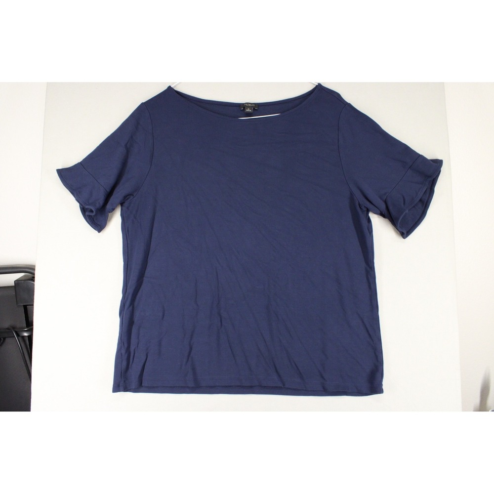 Ann Taylor Factory Navy Blue Ruffle Sleeve Boat Neck Top XL Womens Short Sleeve